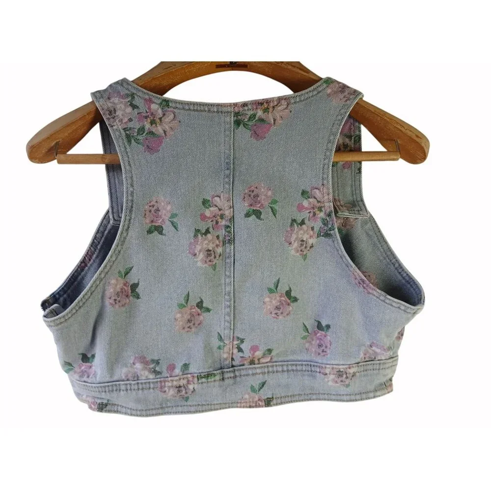 Wild Fable Light Blue Denim Floral Crop Top Size M Vest Side Zip Recycled Boho - Picture 4 of 12